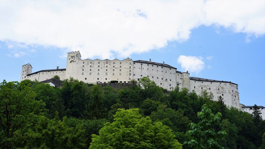 Twierdza Hohensalzburg widziana od podnóża wzgórza, otoczona drzewami