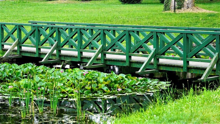 Drewniany mostek nad stawem z liliami wodnymi w parku w Strzelcach Opolskich